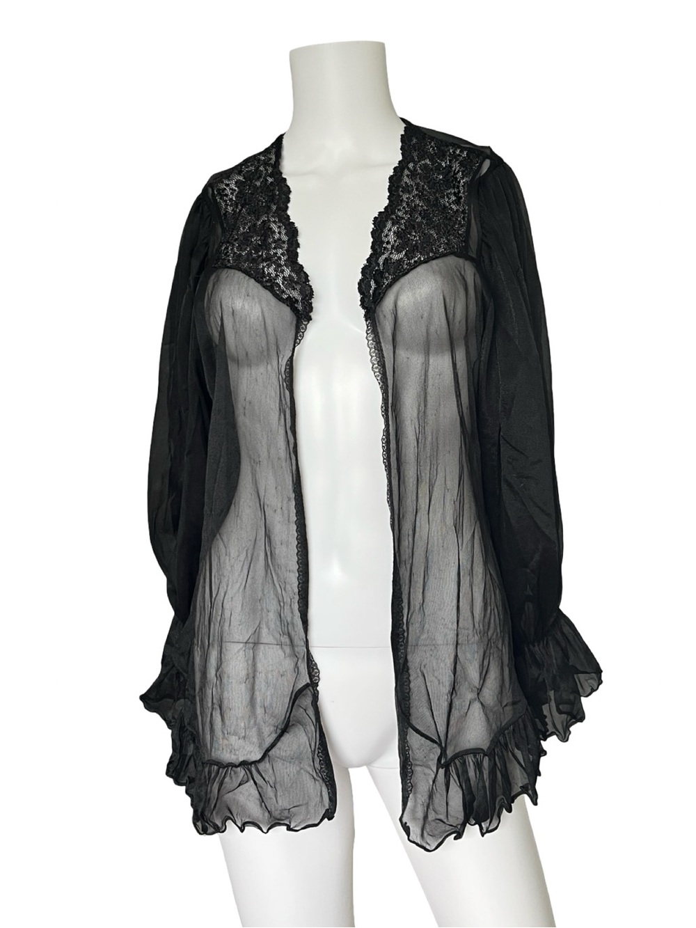 Vintage Sheer Black Peignoir Open Front Bell Sleeve Goth Whimsigoth Grunge